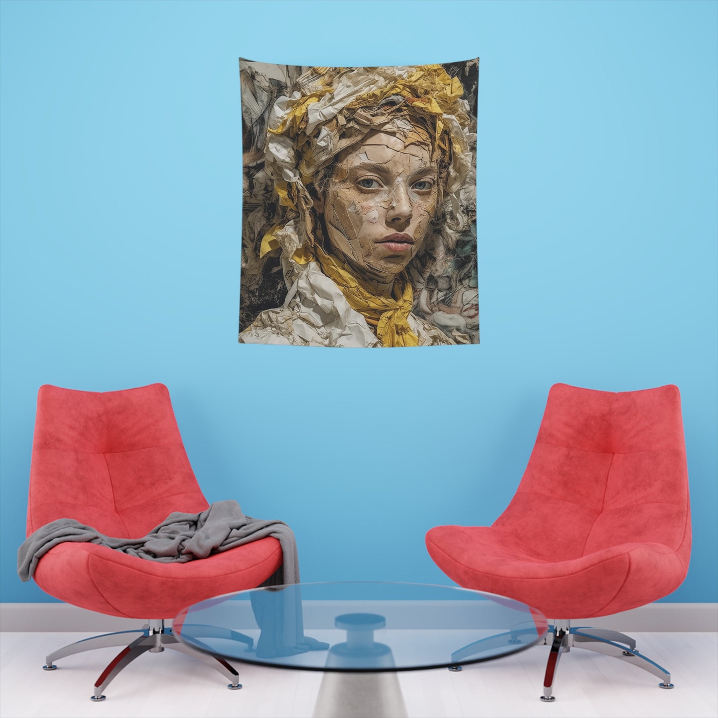 Woven Elegance: Printed Wall Tapestry with Mixed Media and Collage