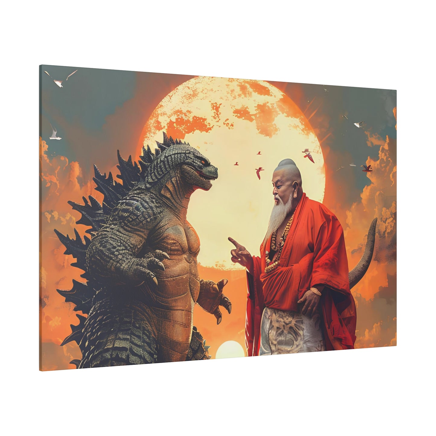 Harmony of Divinity: Buddha and Godzilla Canvas Art