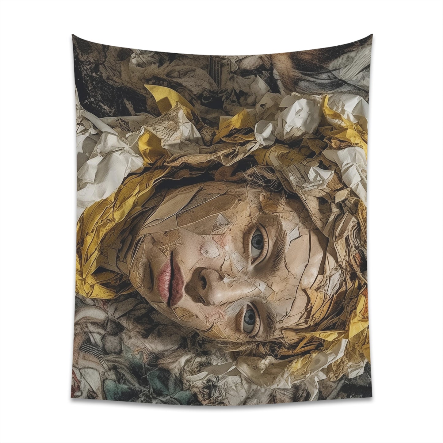 Woven Elegance: Printed Wall Tapestry with Mixed Media and Collage