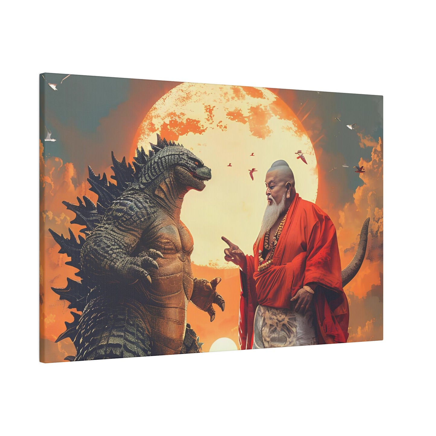 Harmony of Divinity: Buddha and Godzilla Canvas Art